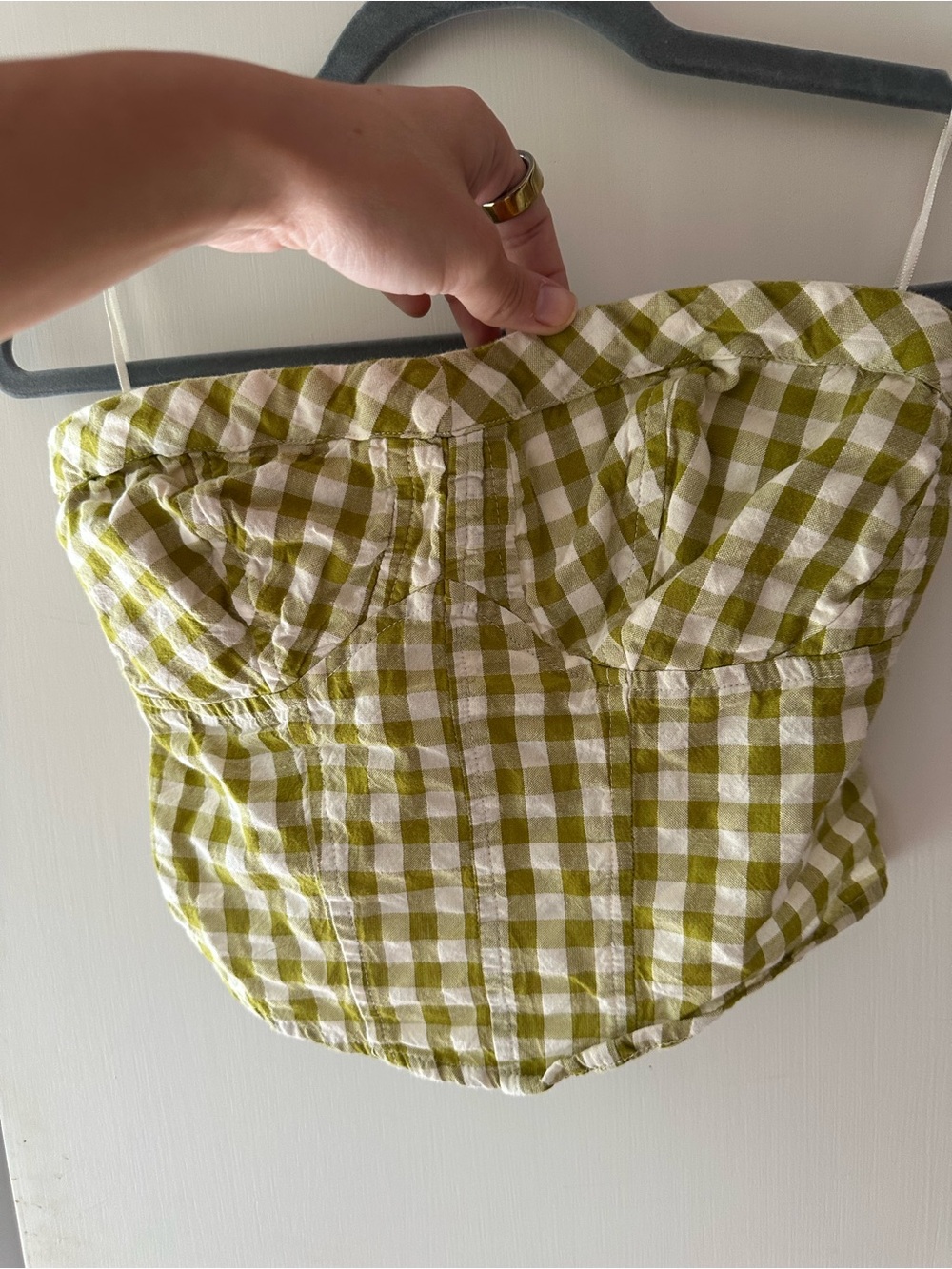 Free People Green and White Gingham Strapless Crop Top